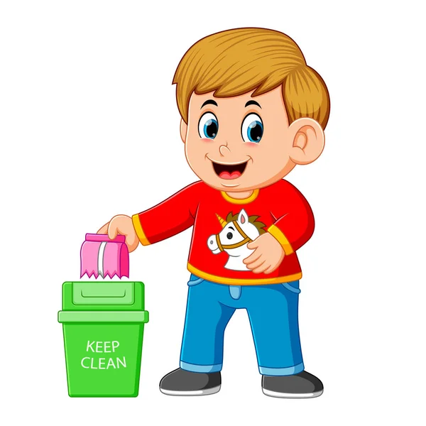一个男孩在垃圾桶里用垃圾来保持环境的清洁 — 图库矢量图片