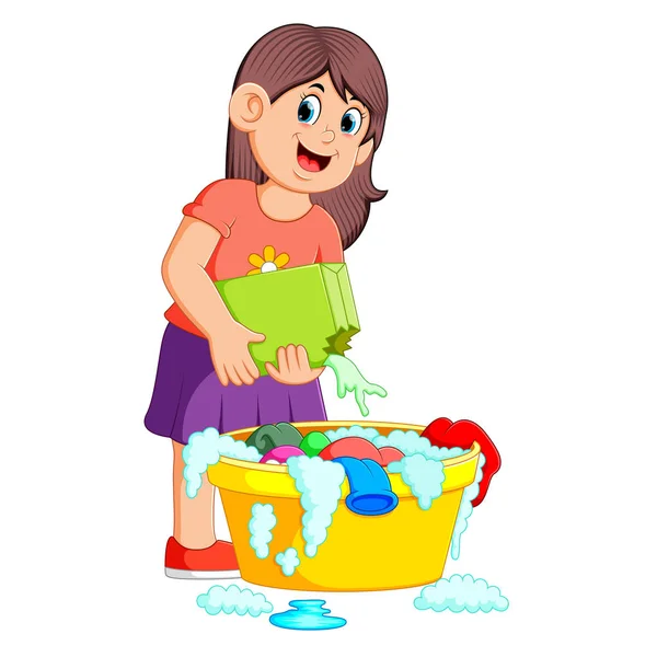 Γυναίκα Πλένετε Ρούχα Λεκάνη Απορρυπαντικό — Διανυσματικό Αρχείο