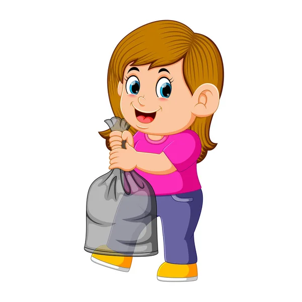 Feliz Joven Mujer Sosteniendo Bolsa Basura — Vector de stock