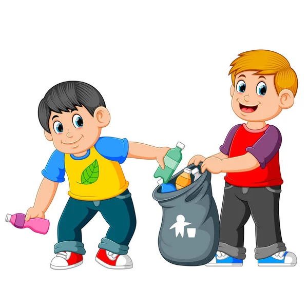 Dos Chicos Recogiendo Basura — Vector de stock