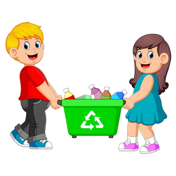 Δύο Παιδιά Μεταφέρουν Στον Κάδο Ανακύκλωσης — Διανυσματικό Αρχείο
