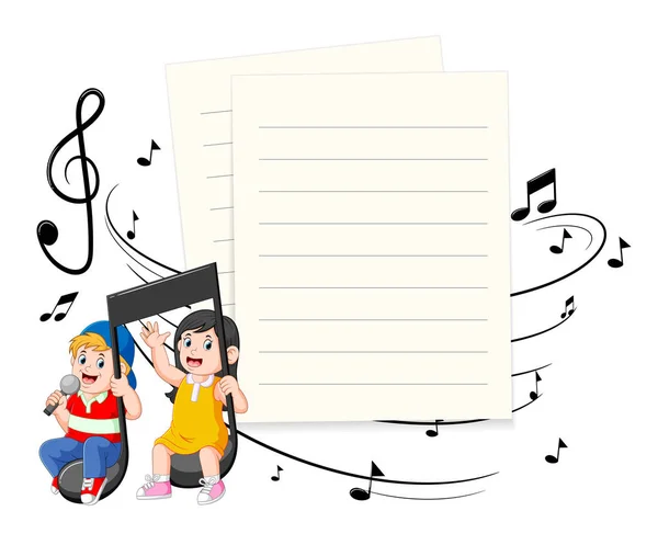 Garçon Fille Équitation Notes Musique Avec Fond Blanc Papier — Image vectorielle