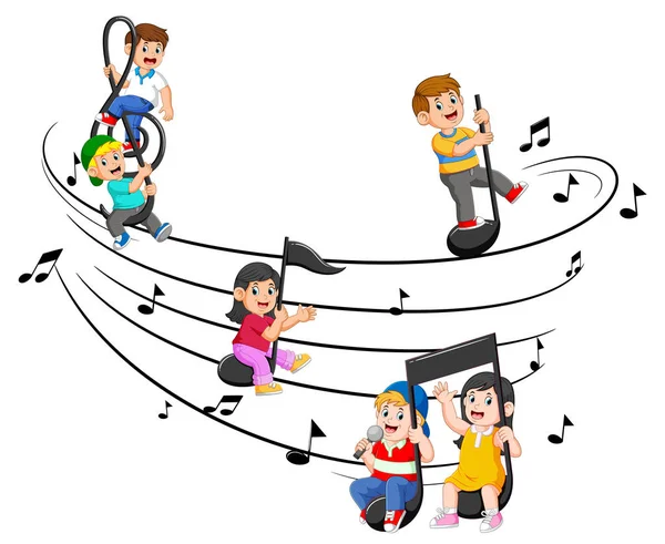 Niños Felices Montando Notas Musicales — Vector de stock