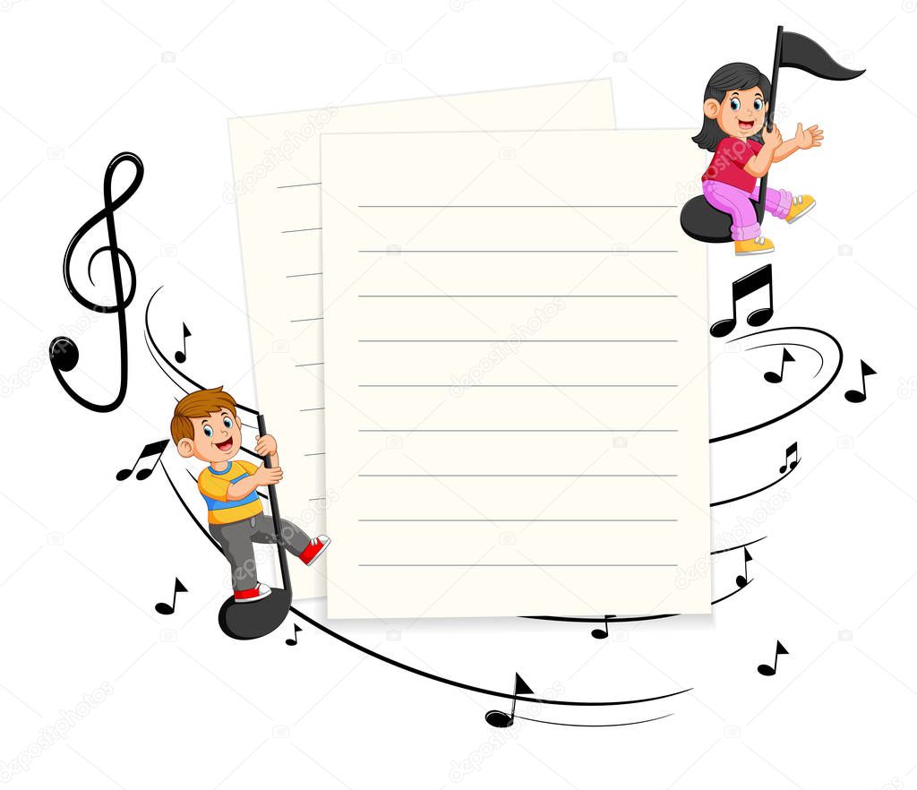 Two Kids riding music notes with paper blank background