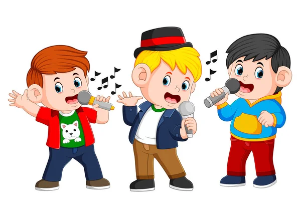 Tres Chico Cantando Juntos — Vector de stock