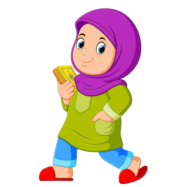 Gadis Muslim Berjalan Dan Membawa Quran Suci - Stok Vektor