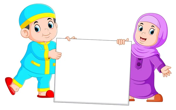 Happy Moslem Kid Holding Blank Sign — Stock Vector