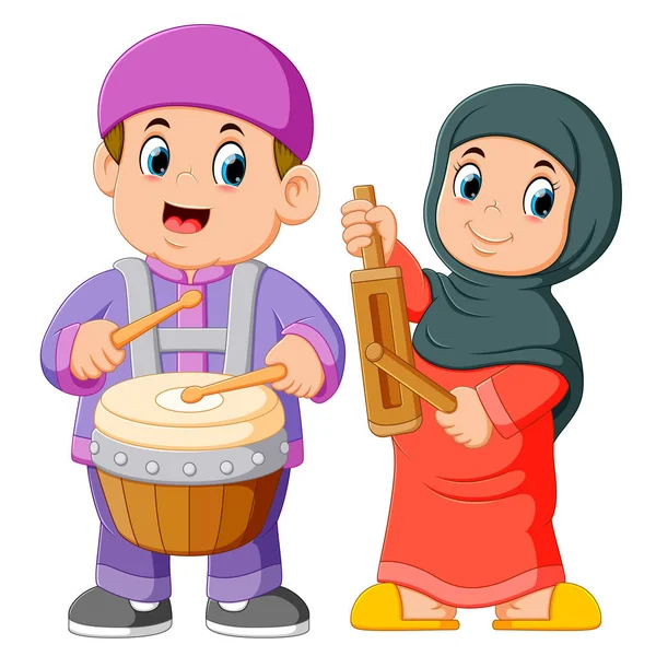 Счастливый Мусульманский Детский Мультфильм Традиционных Музыкальных Инструментах — стоковый вектор