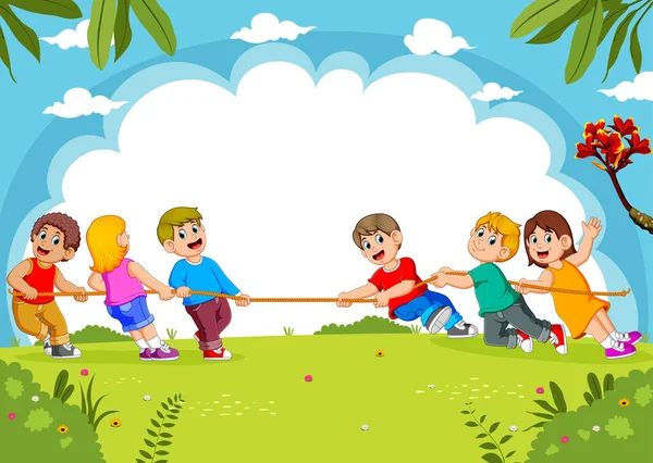 Los Niños Juegan Tirón Guerra Parque — Vector de stock