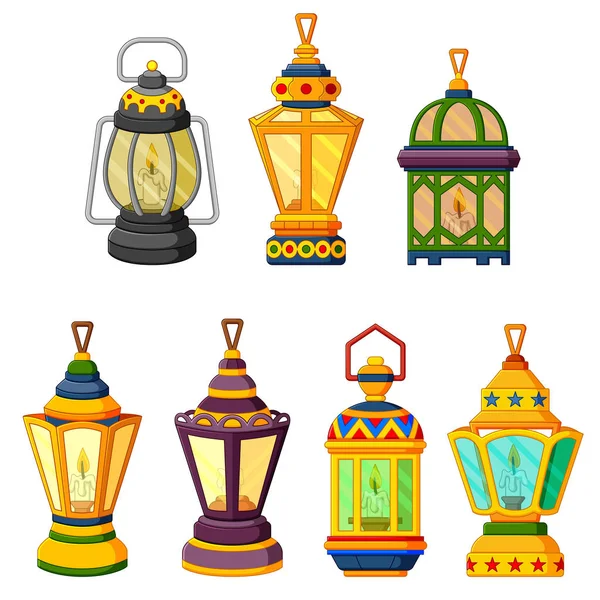 Samling Ramadan Candle Lantern Låg Belysningsläge — Stock vektor