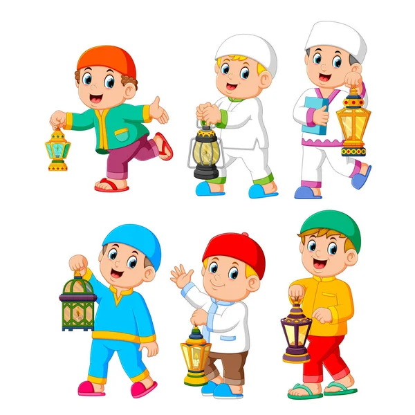 Collection Moslem Kids Holding Lantern — Stock Vector