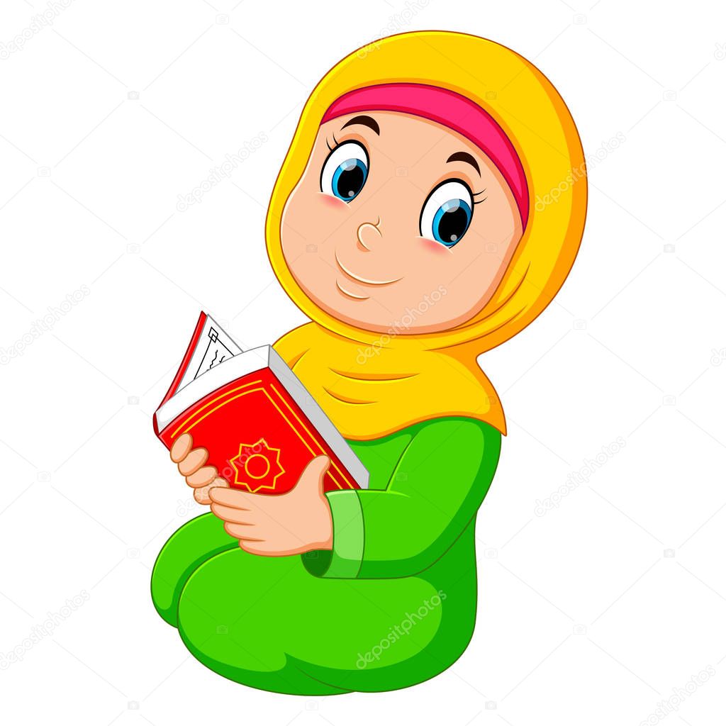 the beautiful girl with yellow veil is holding al quran