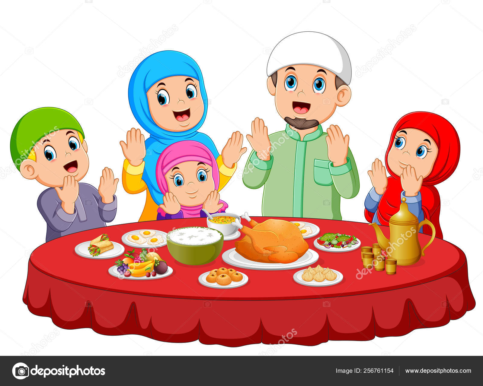 Una Familia Feliz Est Rezando Para Comer Comida Ied Mubarak Vector una-familia-feliz-est-rezando-para-comer-comida-ied-mubarak-vector