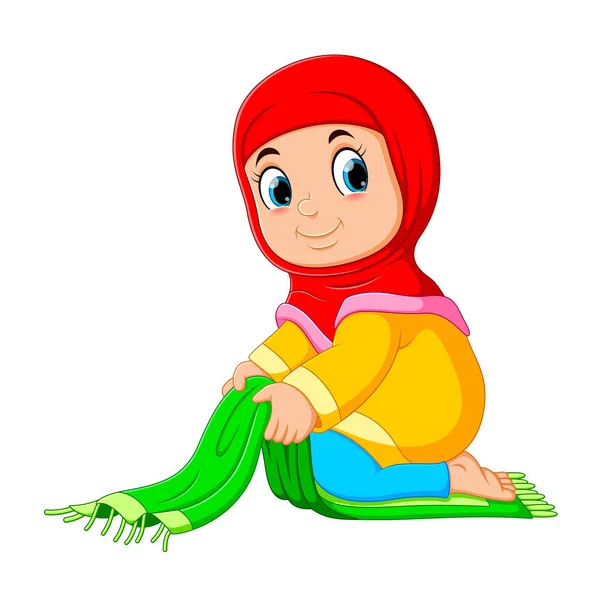 勤勉な女の子は彼女の緑の祈りの敷物を折り畳んでいます — ストックベクタ