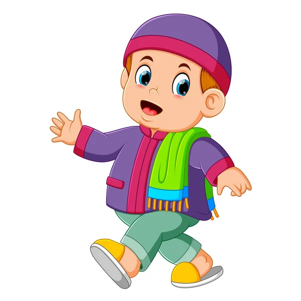 Little Boy Using Purple Caftan Walking — Stock Vector