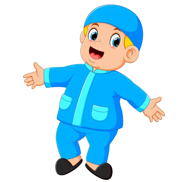 Niño Feliz Está Pie Bailando Con Nueva Ropa Azul — Vector de stock