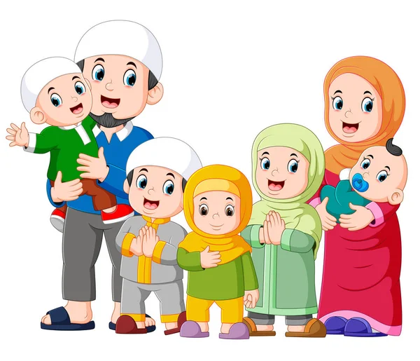 Muslim Family Five Children Celebrating Ide Mubarak — Stock Vector