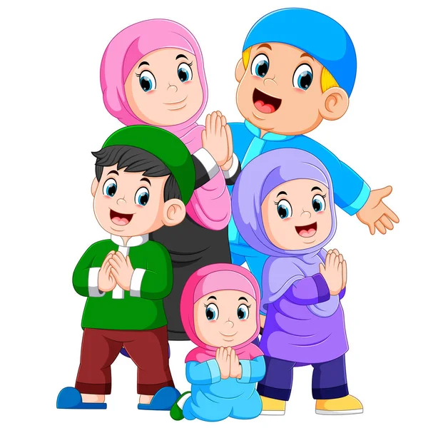 Group Muslim Family Celebrating Ied Mubarak Together — Stock Vector