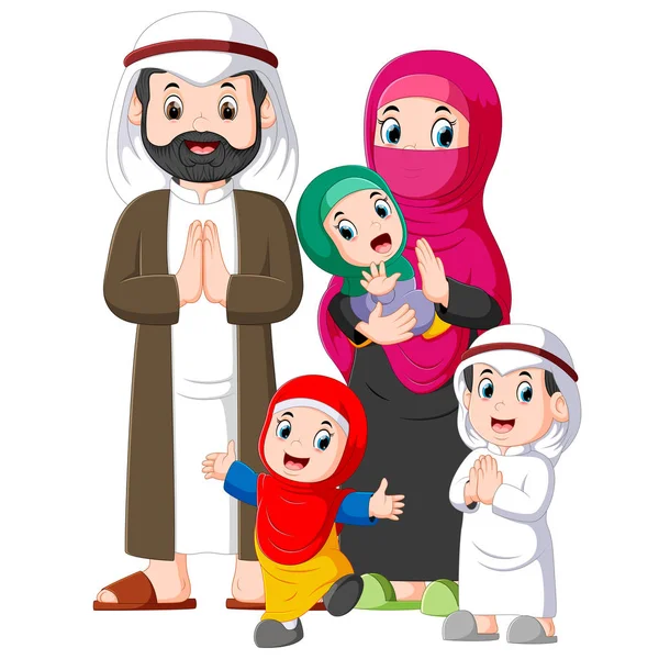 Una Familia Musulmana Con Tres Hijos Está Dando Perdón Saludo — Vector de stock