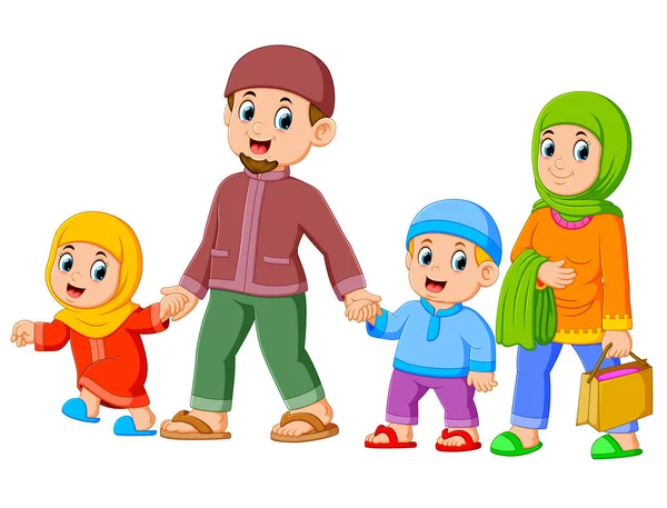 Happy Family Walking Together New Clothes Celebrating Ied Mubarak — Stock Vector