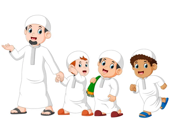 Trzej Chłopcy Chodzą Świętowanie Ied Mubarak Ojcem — Wektor stockowy