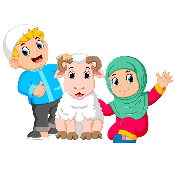 少女と彼女の父親は大きな白い羊を抱いている — ストックベクタ