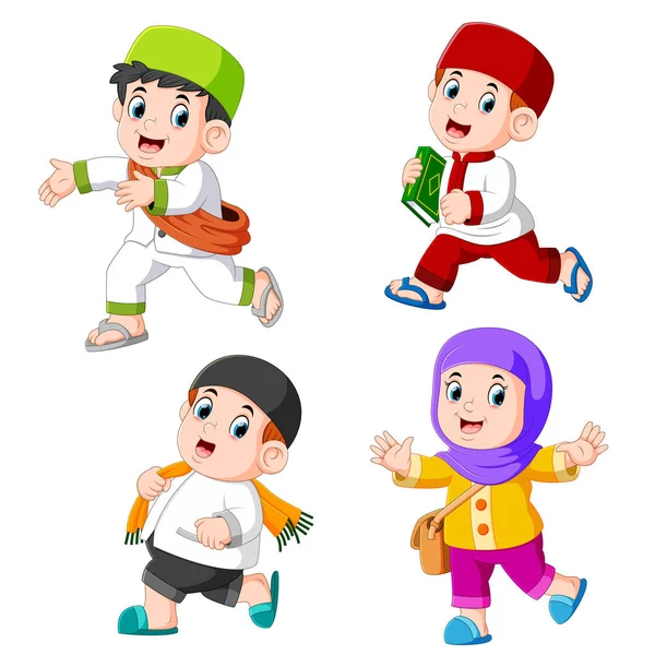 Group Children Muslim Different Posing — Stock Vector