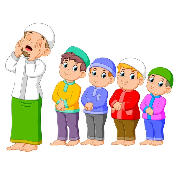 Four Boys Praying Together Right Posing — Stock Vector