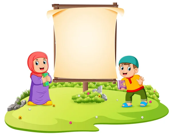 Two Children Standing Green Garden Blank Banner — Stock Vector