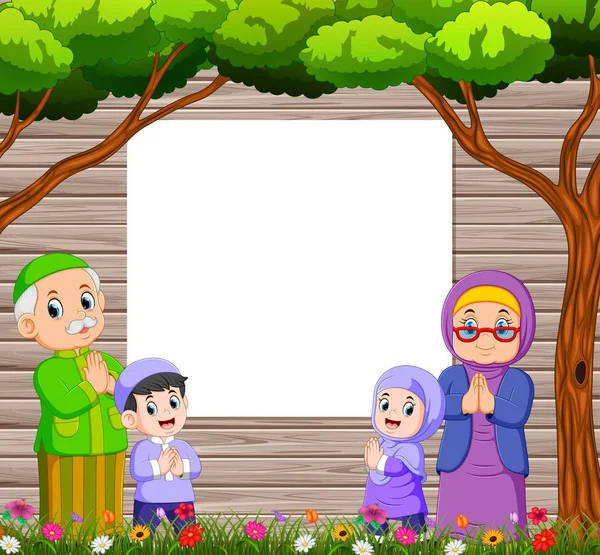 祖母和祖父与他们的孙子是给伊德穆巴拉克附近的空白板的问候 — 图库矢量图片
