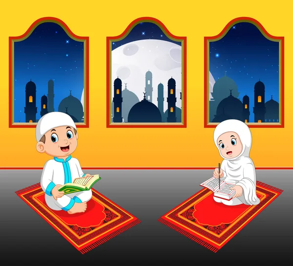 Los Dos Niños Cte Están Leyendo Quran Alfombra Oración Cerca — Vector de stock