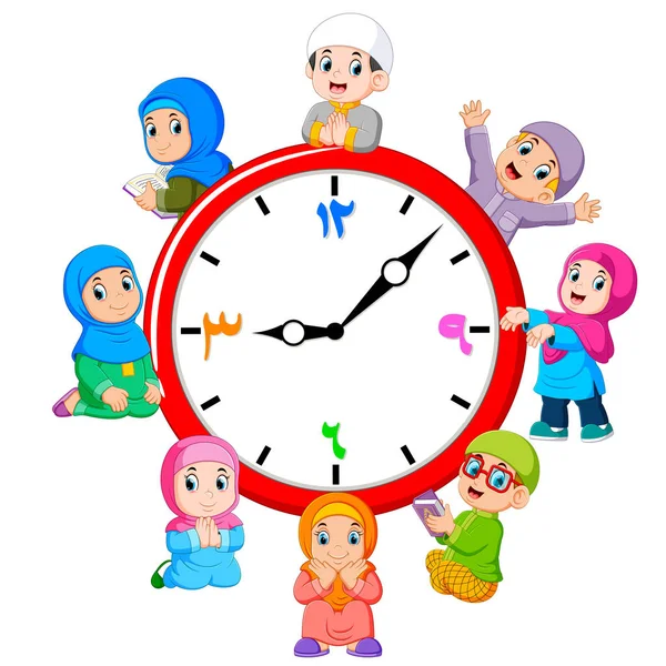 Reloj Con Los Niños Alrededor — Vector de stock