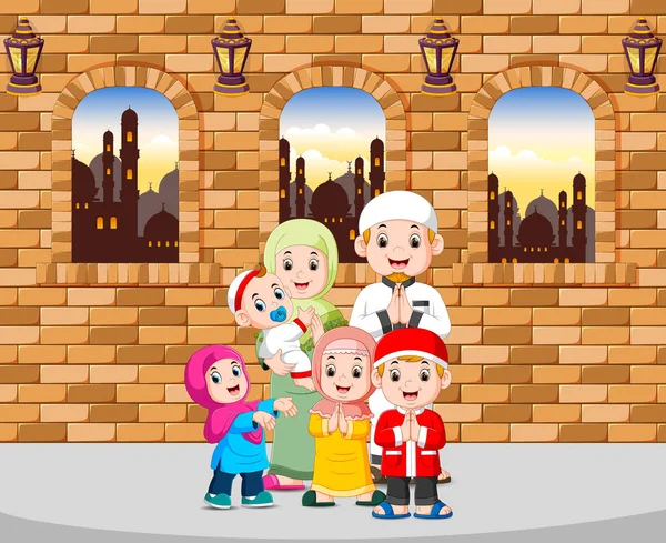 Familia Dar Saludo Ied Mubarak Casa — Vector de stock