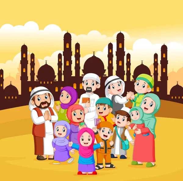 Muslim People Gathering City Yellow Sky — Stock Vector