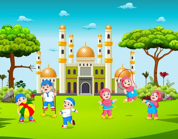子供たちはモスクの近くの庭で遊んでいる — ストックベクタ