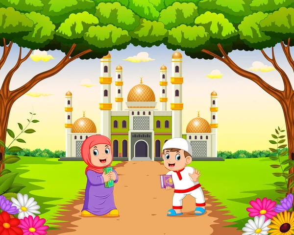 Die Kinder Spazieren Und Spielen Der Nähe Der Schönen Moschee — Stockvektor