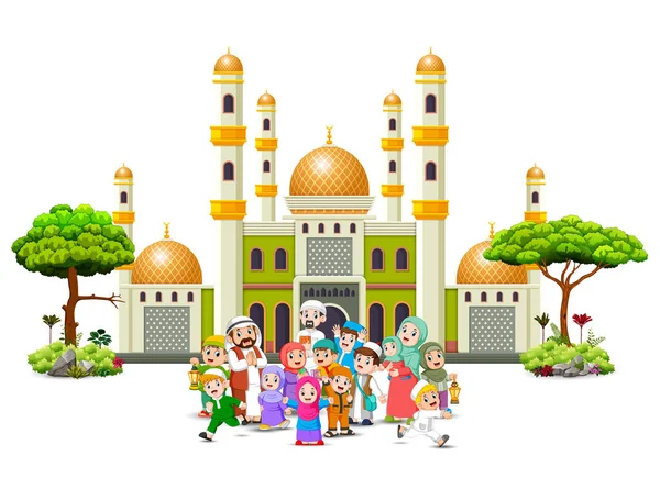 Happy Big Family Gathering Infornt Green Mosque — Stock Vector