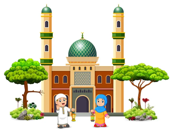男孩和女孩拿着绿色清真寺前的拉玛丹灯笼 — 图库矢量图片