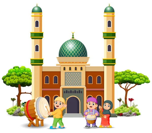 Children Playing Music Tool Front Mosque — Stock Vector