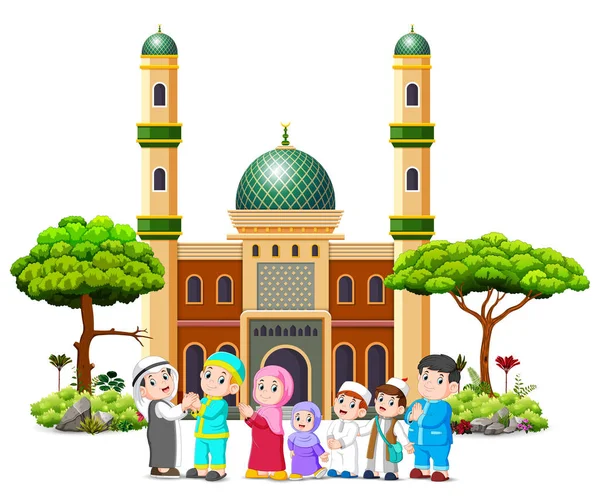 Family Giving Apologize Cleric Front Mosque — Stock Vector