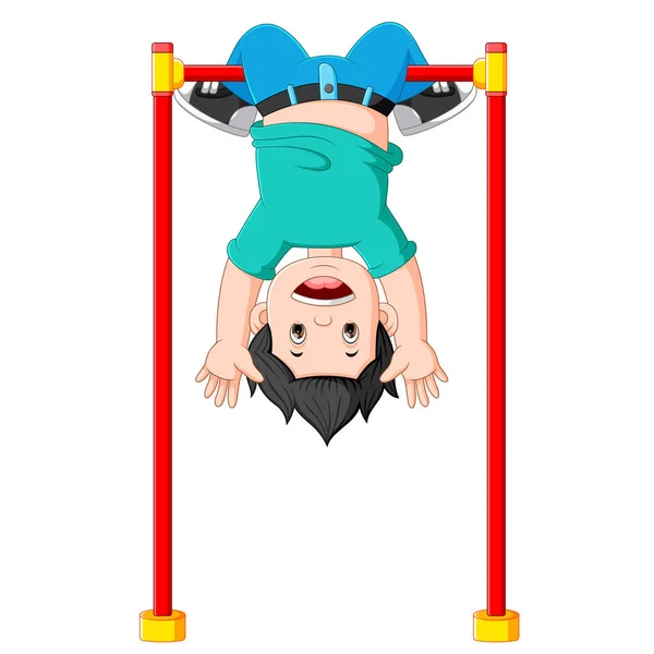Boy Hanging Monkey Bar Head Bottom — Stock Vector