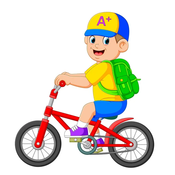 Chico Escuela Con Bicicleta Roja — Vector de stock