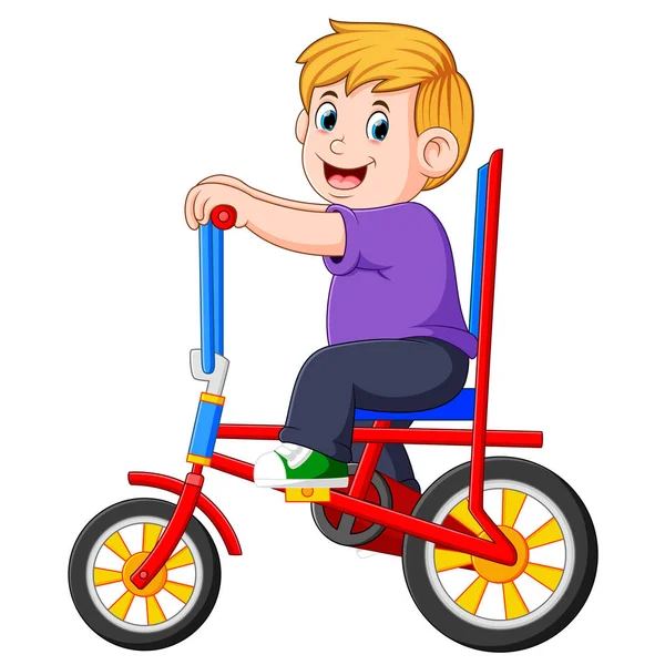 这个男孩骑着五颜六色的自行车 — 图库矢量图片