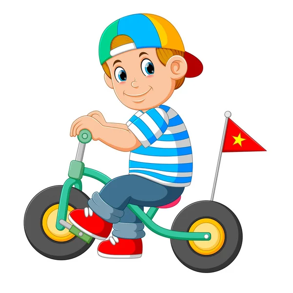 Chłopiec Używa Czapki Gra Małym Rowerem — Wektor stockowy