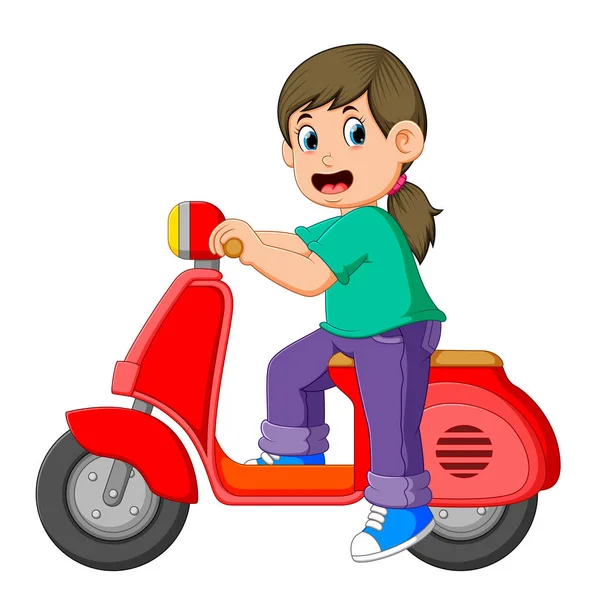 Girl Posing Red Scooter — Stock Vector