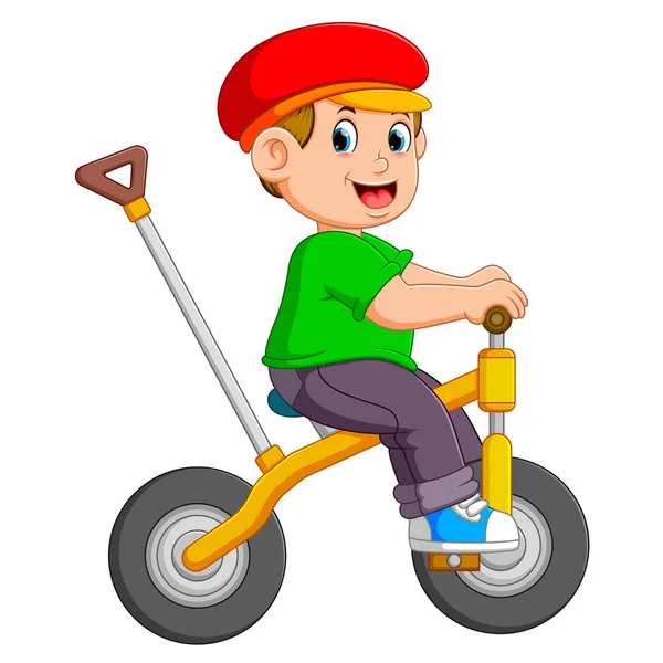 Niño Está Bicicleta Bicicleta Amarilla Con Titular — Vector de stock