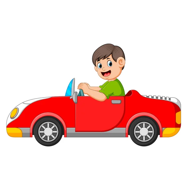 Boy Driving Red Car Good Posing — Stock Vector