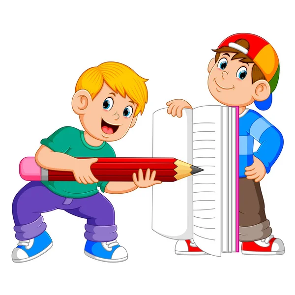 Two Boys Holding Big Book Big Pencil — Stock vektor