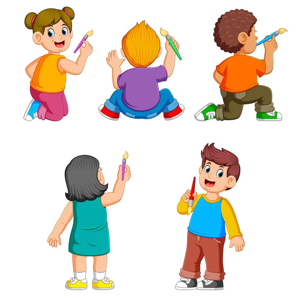 Collection Children Holding Brush Hands — Stock Vector