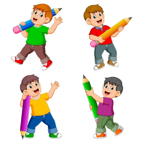 Colección Del Niño Sosteniendo Lápiz Grande Con Pose Diferente — Vector de stock